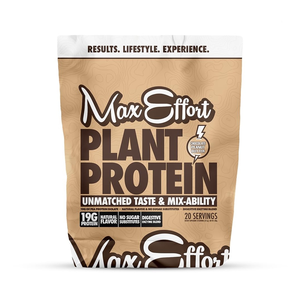 MAX EFFORT Pflanzenprotein Pulver, 19 G Pea Protein, Pflanzenbasiert, Glutenfrei, Low Carb, Protein Shake oder Smoothie Mix, Meal Replacement, No Whey, No Sugar Substitutes, Chocolate Peanut Butter, 20 Srvg