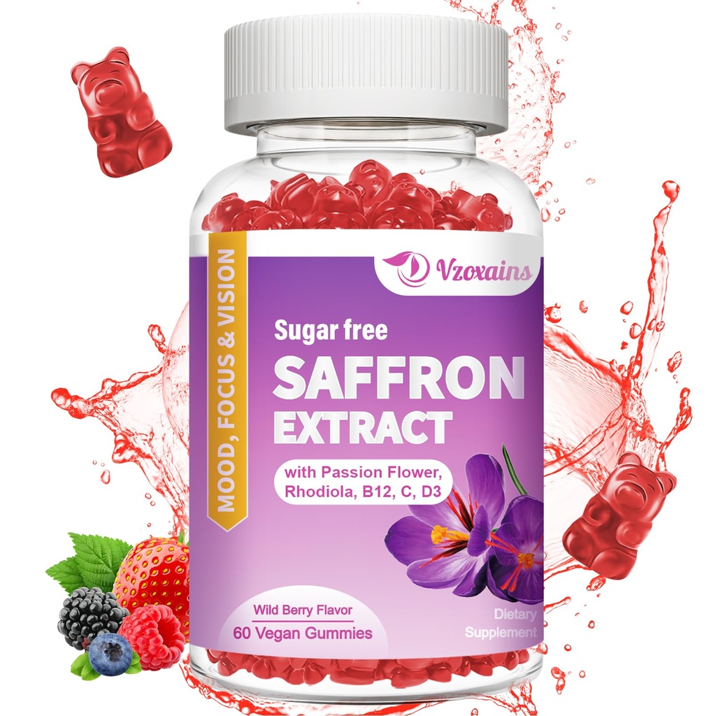 Zafferano Gummies, 10 in 1 Zafferano Integratori Gummies con Magnesio, Ashwagandha & Rhodiola Rosea, Zucchero Vegan Misto Berry Flavor - 60Cts