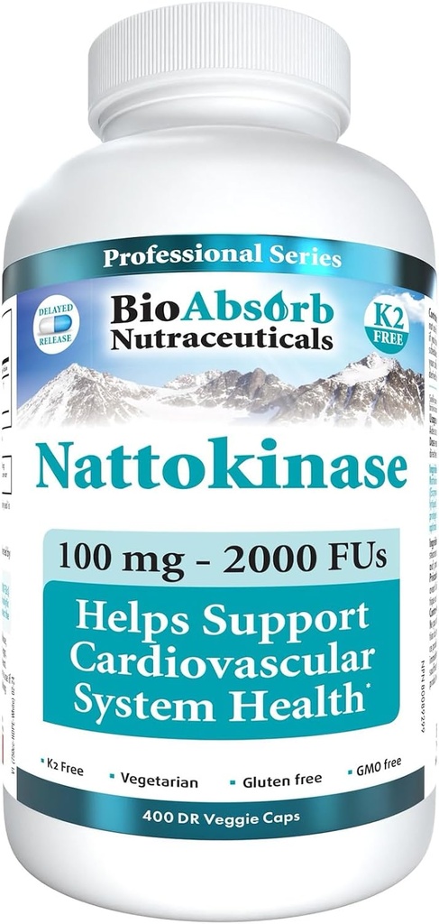 Bio Absorb Nattokinase Supplement. 100 mg, 2000 UF. 400 jours d'approvisionnement. Enzyme d'extrait de natto non OGM (400 capsules de légumes)
