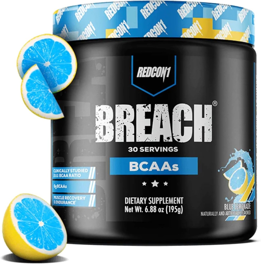 REDCON1 Breach BCAAs, Blue Lemonade - Keto Friendly + Aminoacidi essenziali senza zucchero per il recupero - Contiene BCAAs L-Leucina, L-Isoleucina & L-Valina (30 Serve)