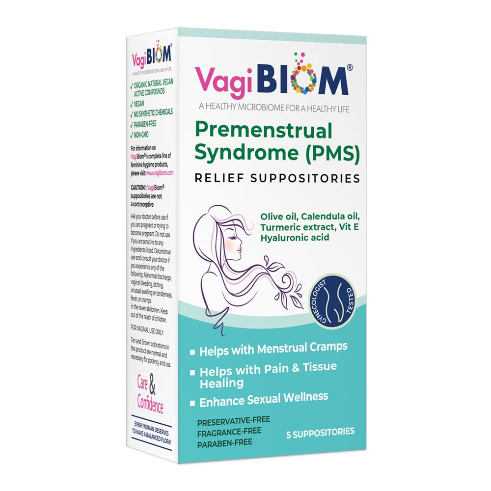 VagiBiom Mestrual Relief Suppositories (5 Suppositories) con olio di Calendula, burro di cacao, curcuma e VIT E che aiuta con periodo Cramp, mood Swings. Guarigione di tessuto. USA Made, Vegan, senza ormoni