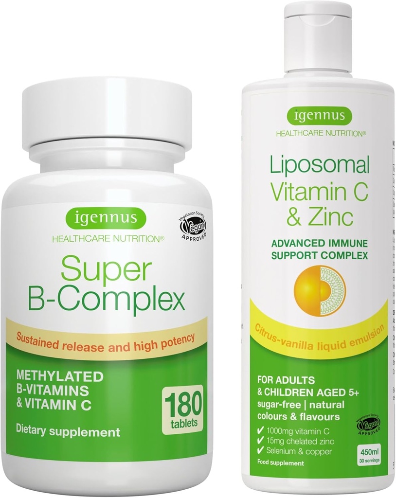 Super B-Complex + Liposomale Vitamin C 1000mg & Zink Vegan Bundle, methylierte erhaltene Freisetzung B Complex & Hohe Absorption flüssige Immununterstützung Complex, von Igennus