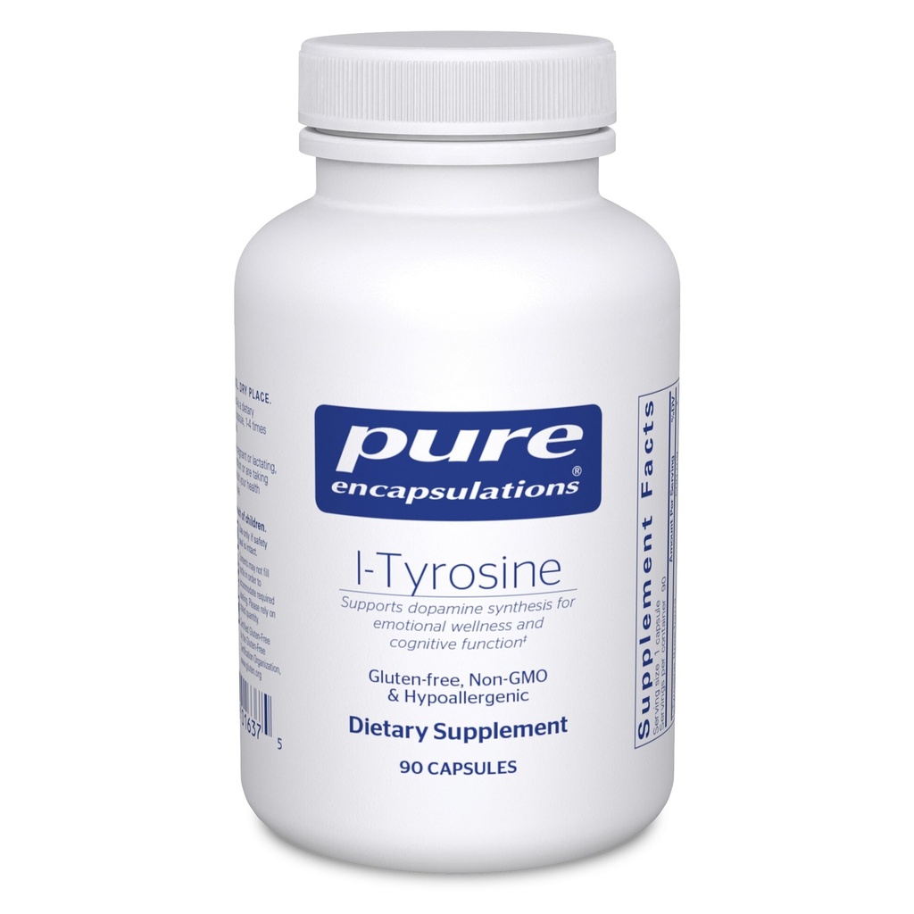 Encapsulations pures L-Tyrosine - Supplément acide amino - pour le soutien cérébral, la dopamine et la fonction thyroïde* - Vegan & Non-OGM - 90 Capsules