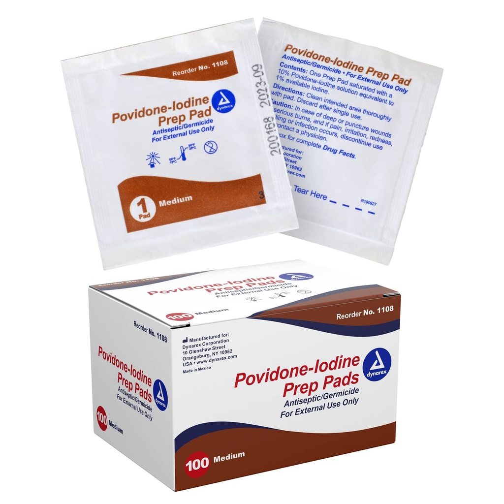 Dynarex Povidone-Iodine Prep Pads, Saturated with Povidone Iodio 10%, Medical-Grade Antiseptic Wipes Usato per Prepping Prior Minor Procedures, Medium, 1 Case of 100 Prep Pads