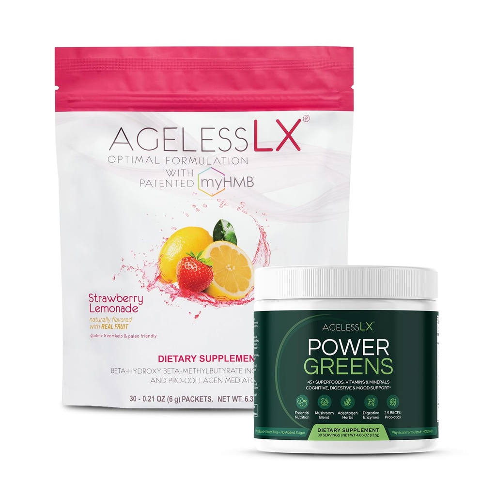 LX sans âge Lemonade de fraise et supplément de poudre de Power Greens - Suppléments anti-âge et suppléments de superaliments verts