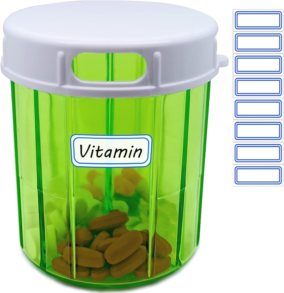 Vitamin Organizer große Pillenspender 4 Kompartment tragbare Pille Organizer für Fischöle, Vitamin, Ergänzungen, Medikamente (Pill Container + Selbstklebende Etiketten)