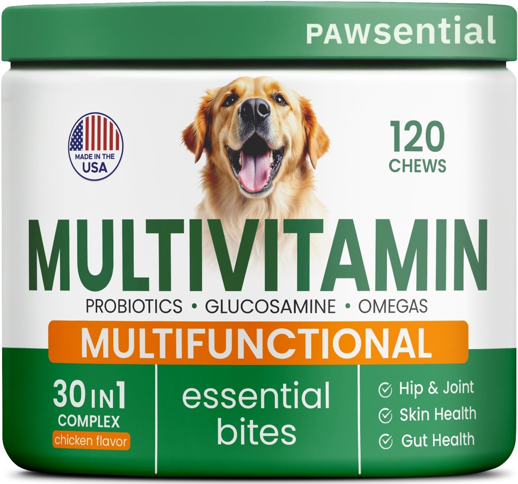 Hunde-Vitamine + Glucosamin - Kaubare Multivitamine + Probiotika, Omega - Hip & Joint Support, Skin & Coat, Gut Health - Adult & Senior - Large & Small Breed - 120 Chews
