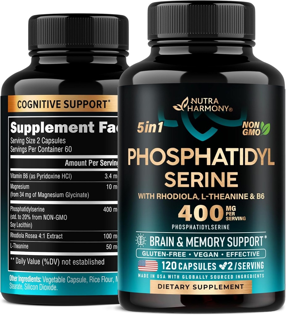 Phosphatidylserine 400 mg con L-teanina, Magnesio & Vitamina B6, Rhodiola Rosea - Cervello, Memoria e Focus Support - Certificata Non OGM, Naturally Derived & Bio available - Made in USA - 120 Сapsules