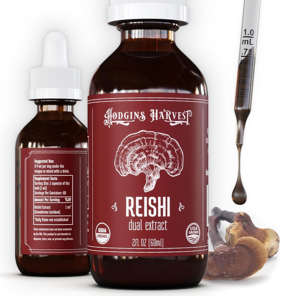 Hodgins Harvest Organic Reishi Mushroom Fruiting Body Extract Tincture - Extra Concentrated Dual Extract Supplement - Unterstützt Herzgesundheit & Wellness - USDA Bio Pilze - 2 Unze