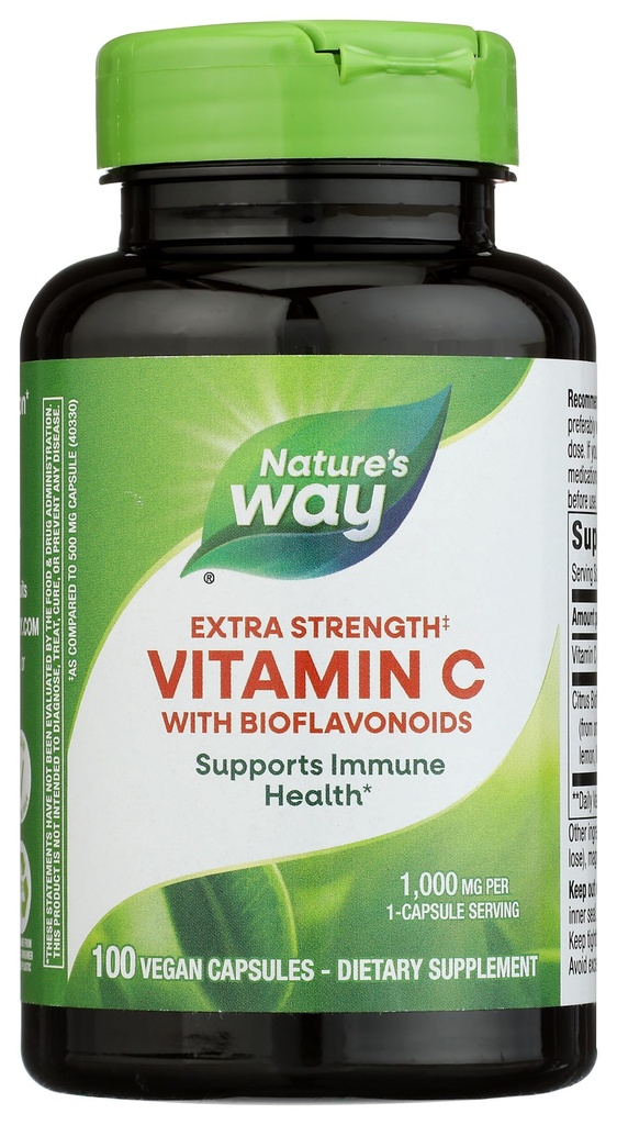 Natura Via Extra Forza(1) Vitamina C con Bioflavonoidi, Supporta la Salute Immune*, promuove la produzione di collagene per la pelle sana*, 1.000 mg per capsula, 100 capsule vegane (Packaging May Vary)