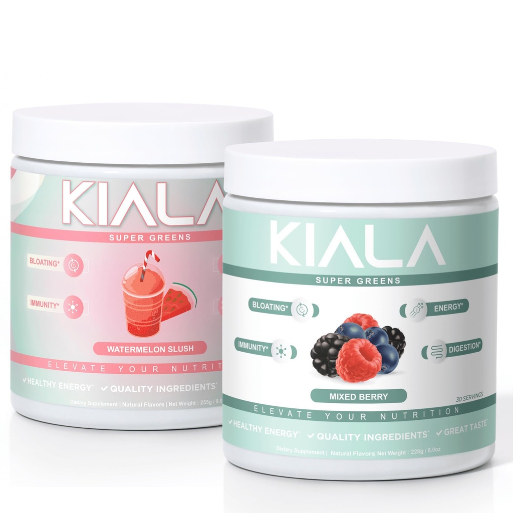 Kiala Nutrition Super Greens, Bio Greens Powder, Spirulina & Chlorella Superfood Powder, Sugar & Gluten Free Vegan, Spectra Blend, Watermelon & Mixed Berry 2 Pack