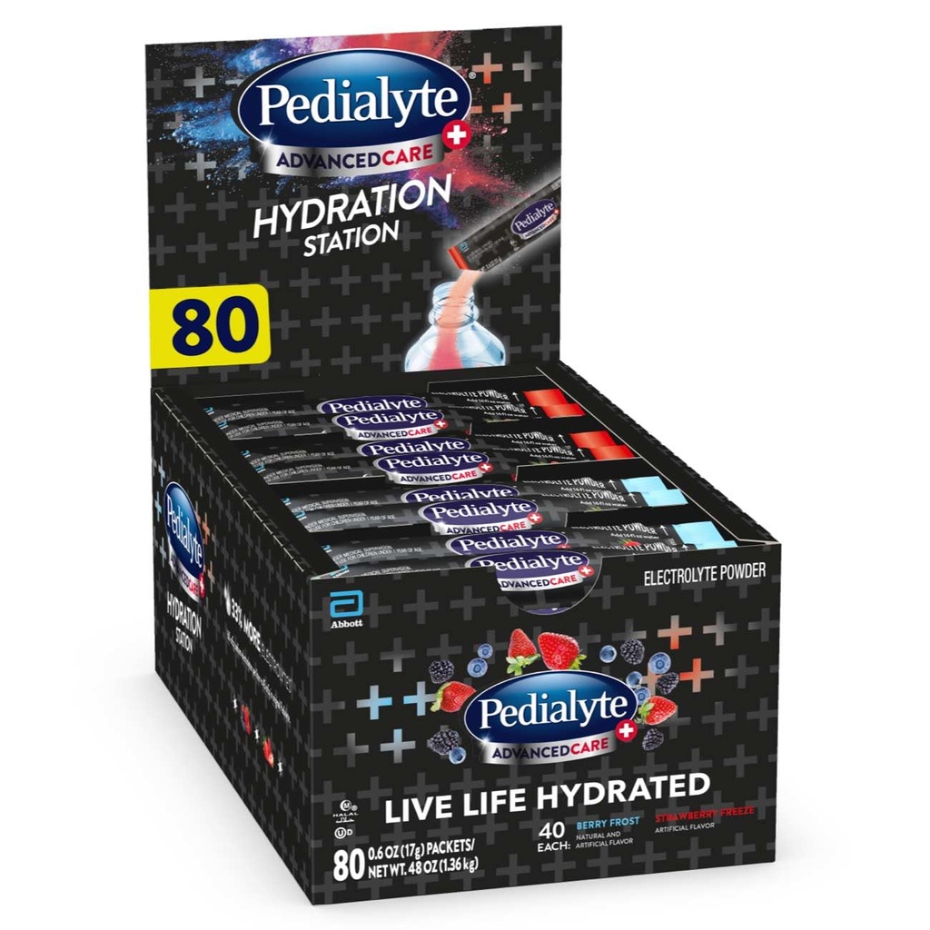 Pedialyte AdvancedCare Plus Elektrolyt-Pulver, hat 33% mehr Elektrolyte und PreActiv Prebiotics, Hydration Station Vielfalt, 80 Pulver-Packets