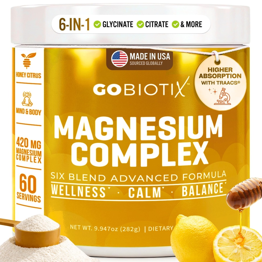 GoBiotix Magnesio Glycinate Polvere – Supplementi di Cortisol per le donne e gli uomini – Alto assorbimento Magnesio complesso supplemento di calma con Citrato, Malate – Sugar Free – 420 mg, 60 Serve - Agrumi di miele
