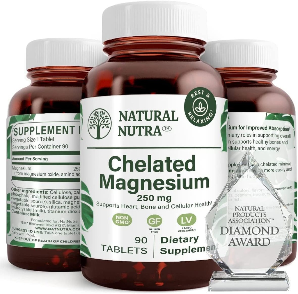Natürliche Nutra Chelat Magnesiumoxid 250 mg - Hohe Absorption für starke Knochen, Herz-Gesundheit, Energie-Boost, Glutenfrei, Non-GMO, 90 Tabletten (3 Pack) in BPA-freie recycelbare Glasflaschen