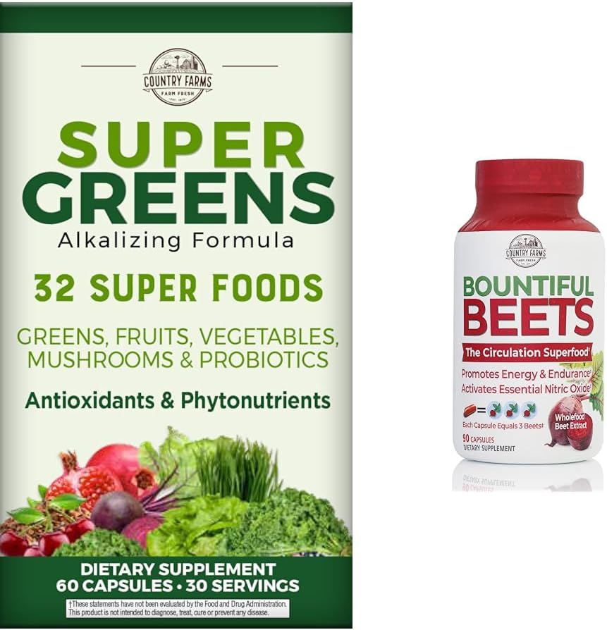 COUNTRY FARMS Super Greens frutta Probiotici vegetali Antiossidanti Phytonutrients Beet Root Nitric Oxide Circulation Immune Support Capsule