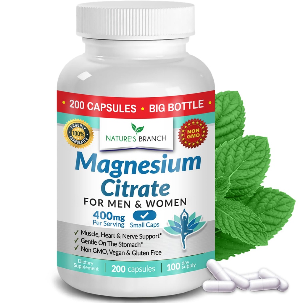 Magnesium Citrate 400mg - 200 Kapseln - Hohe Potenz für Schlaf, Leg Cramps, Extra Strength Absorption, Einfache bis Schluck Pillen für Damen und Herren, Vegan Ergänzung Nicht Tabletten - Made in USA