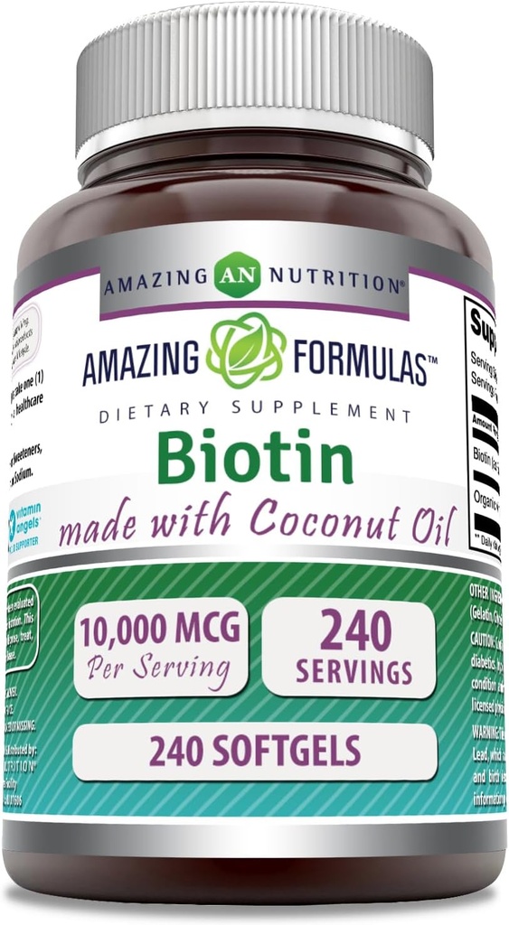 Erstaunliche Formeln Biotin mit extra Virgin Organic Coconut Oil Supplement | 10000 Mcg | Softgels | Non-GMO | Gluten-Free | Made in USA (1 Pack, 240 Count)
