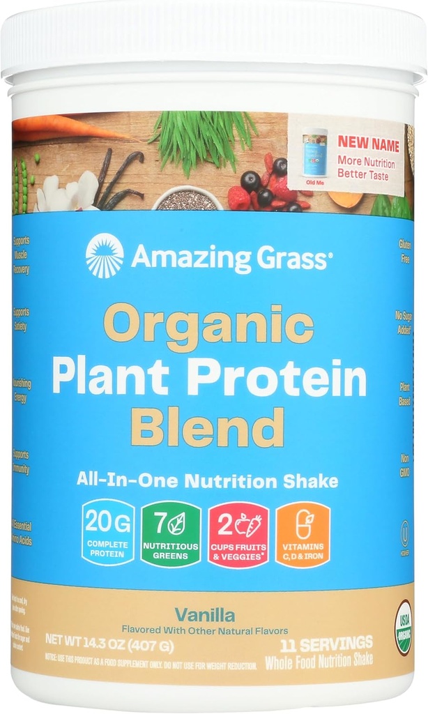 Erstaunlich Grass Organic Plant Protein Blend: Vegan Protein Powder, New Protein Superfood Formula, All-In-One Nutrition Shake with Beet Root, Pure Vanilla, 11 Portionen