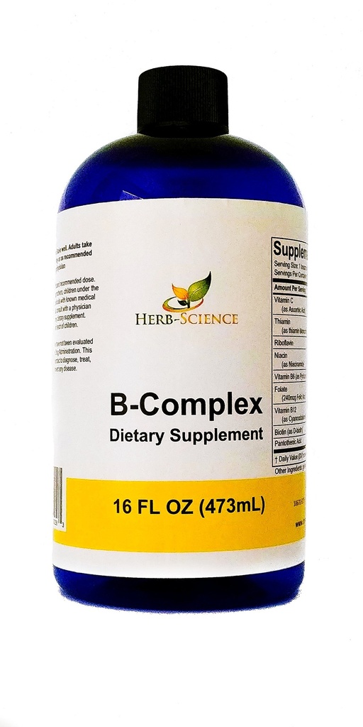 Vitamin B-Complex,Super B Complex Vitamins with Vitamin C Liquid, 16 oz - All B Vitamins Including B1, B2, B3, B5, B6, B7, B9, B12, Folic Acid, Niacin, Biotin, Alcohol-Free - Herb-Science
