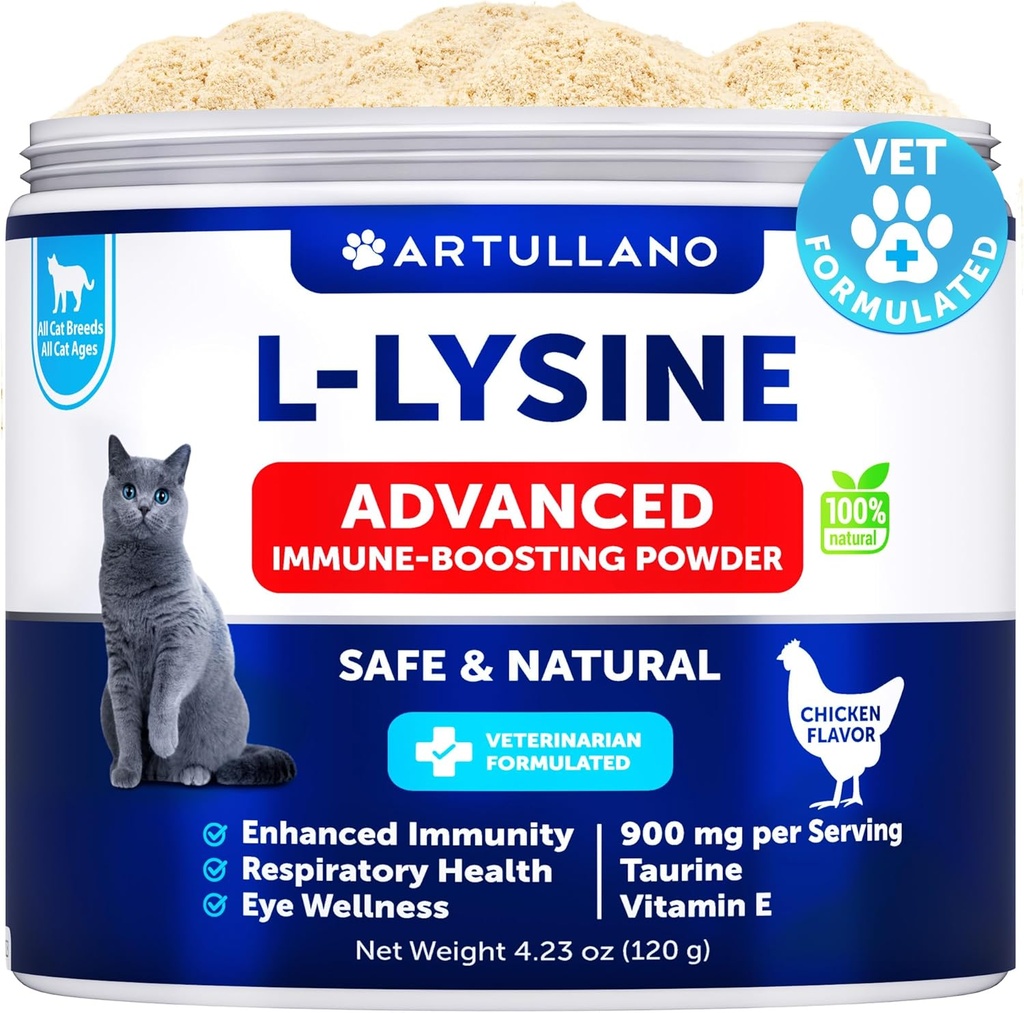 L-Lysine per gatti - Lysine Powder Supplement - 900mg/serving - Supporto immunitario per gatti e gattini - Sneezing, Runny Nose, Squinting, Watery Eyes, Cold, Eye Function, Respiratory Health - con Taurine