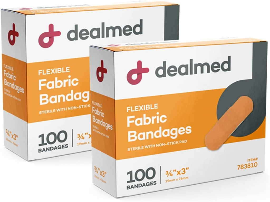 Dealmed Stoff Flexible Klebebänder – 100 Count (2 Pack) Bänder mit nicht-Stick Pad, Latexfrei, Wund Care für First Aid Kit, 3" x 3/4"