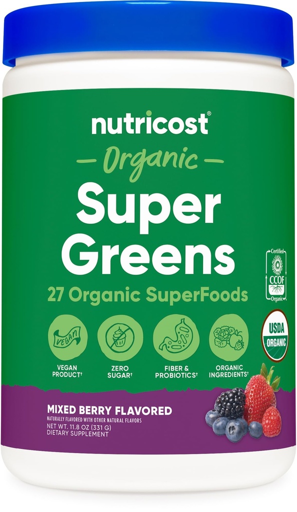 Nutricost Organic Super Greens Polvere (30 Serve) Misto Aroma di bacche - Superfood Supplemento Bevande Mix