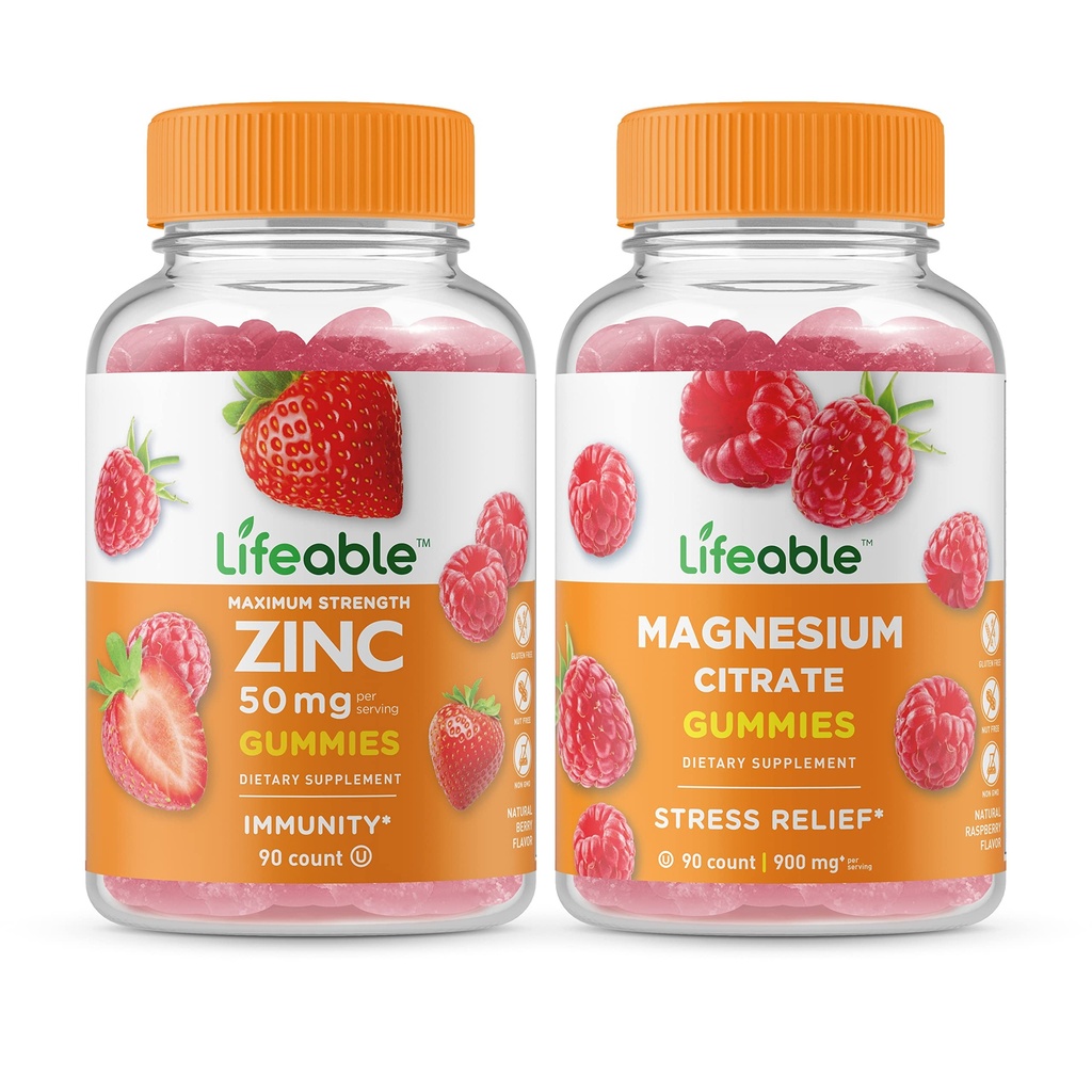 Zinc Lifeable 50mg + Magnésium, Gommies Bundle - Grande dégustation, supplément de vitamine, sans gluten, sans OGM, gommy à croquer