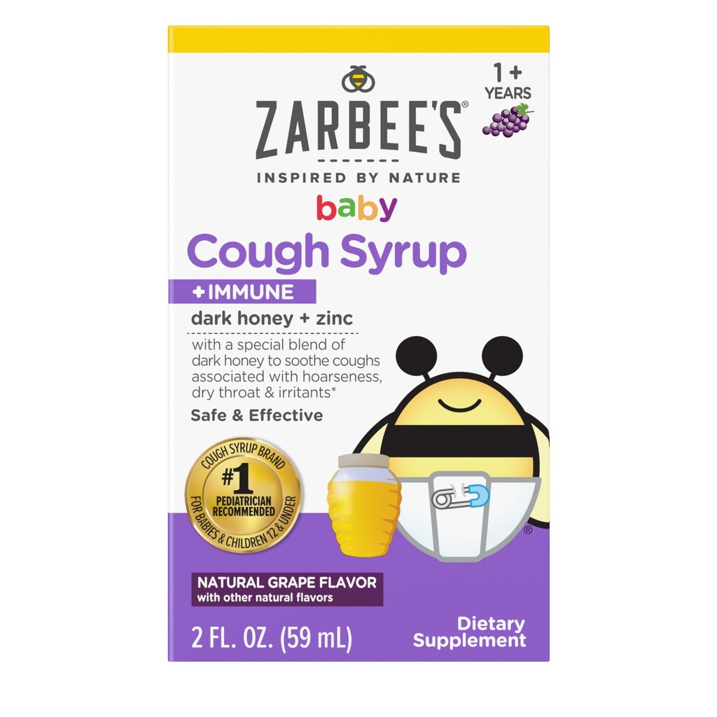 Zarbee's Baby Honey Cough Syrup + Immune per i bambini 12-24 mesi, Siro di tosse sicuro ed efficace con il miele scuro rilassante & zinco per il supporto immunitario*, Droga & Alcohol-Free, Uva, 2 fl. Oz