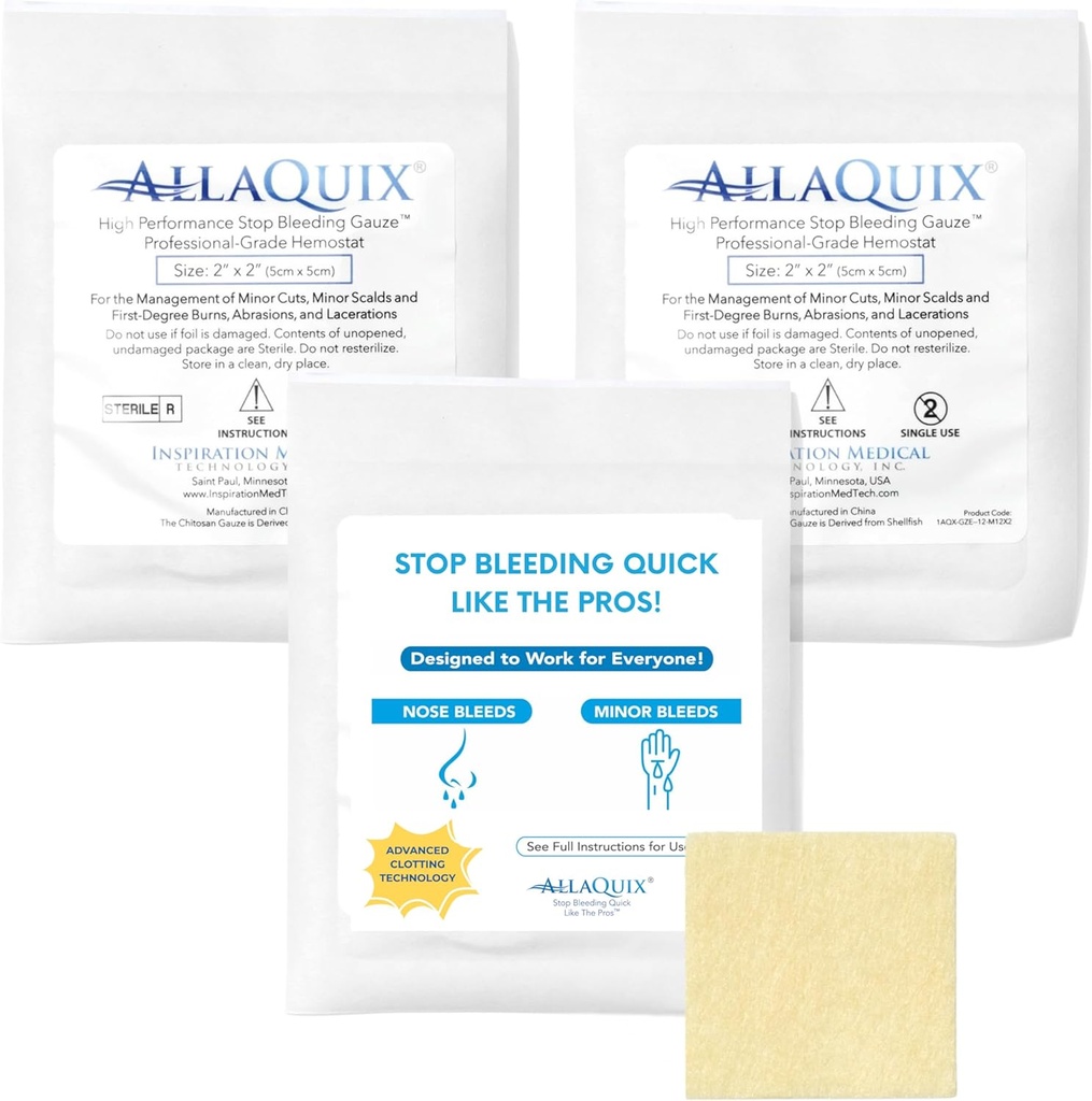 High Performance Stop Bleeding Gauze Pads – 3-Pack (2"x2") | Hämostatische Wund Dressing für Schnitte & Erste Hilfe Kits | Steril, Drug-Free, Fast Clotting Pads