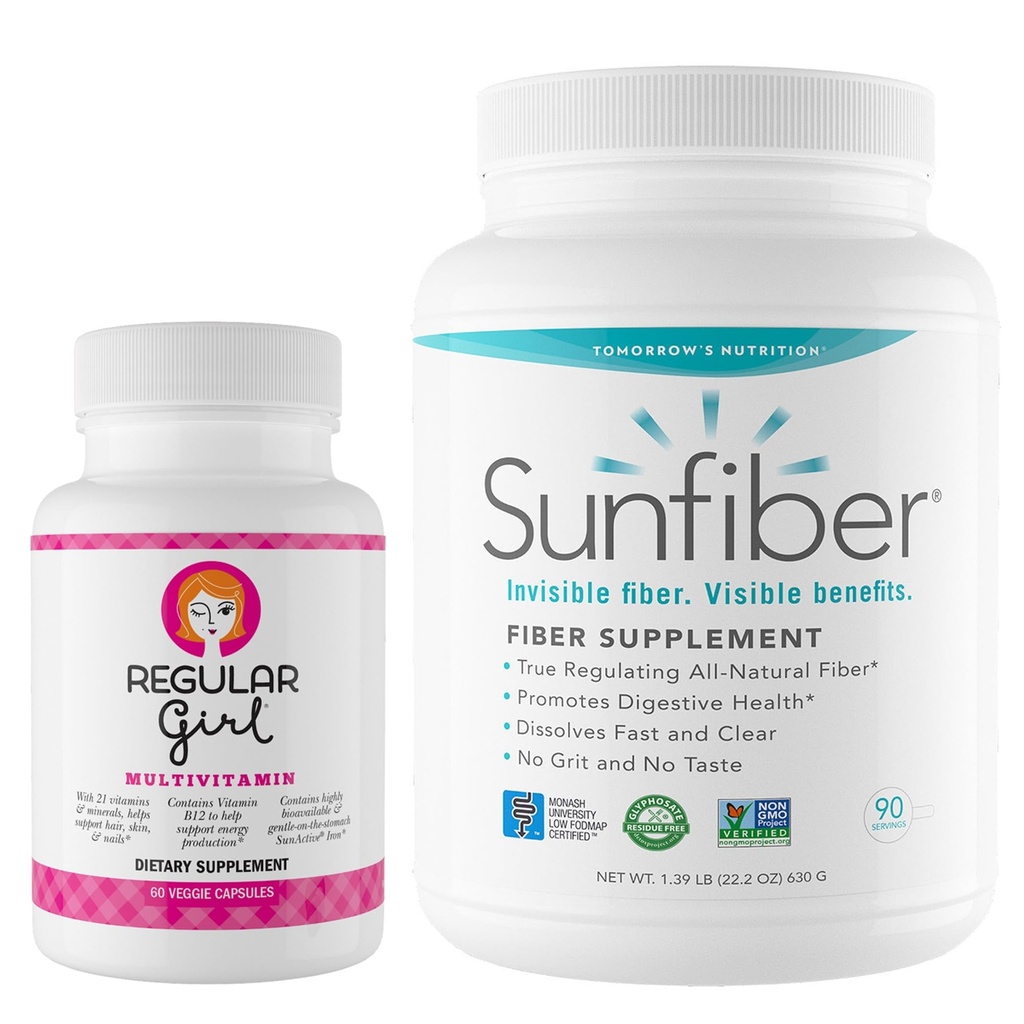 Regular Girl Tomorrow's Nutrition, Women’s Multivitamin (30 Servings) and Sunfiber 90-Day Powder (90 Servings) Bundle, Energy and Low FODMAP Digestive Support