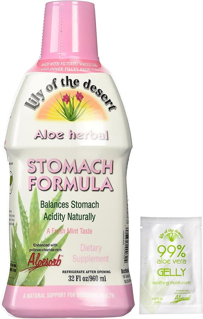 Lys of The Desert Stomach Formula, Bio Aloe Vera Juice with Slippery Elm, Camomile, Peppermint, and Ginger for Gut Health, Acid Reflux, Heartburn Relief, 32 Oz, Gelly Sachet Inclus.