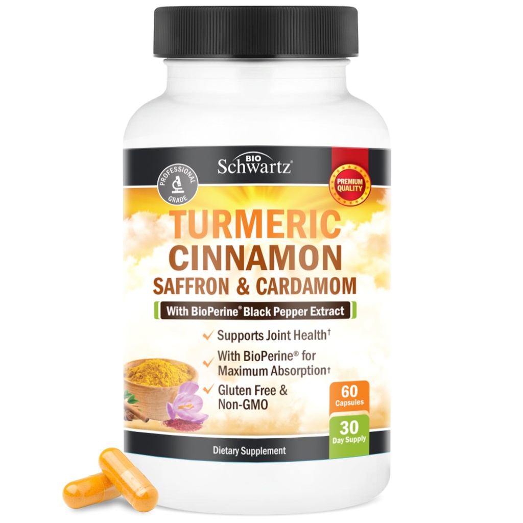 Supplemento di curcuma con zafferano, cannella e cardamomo Plus Estratto di pepe nero Bioperine per l'assorbimento ottimale, naturale curcumina curcuma supplemento di supporto per le donne e gli uomini, 60 capsule