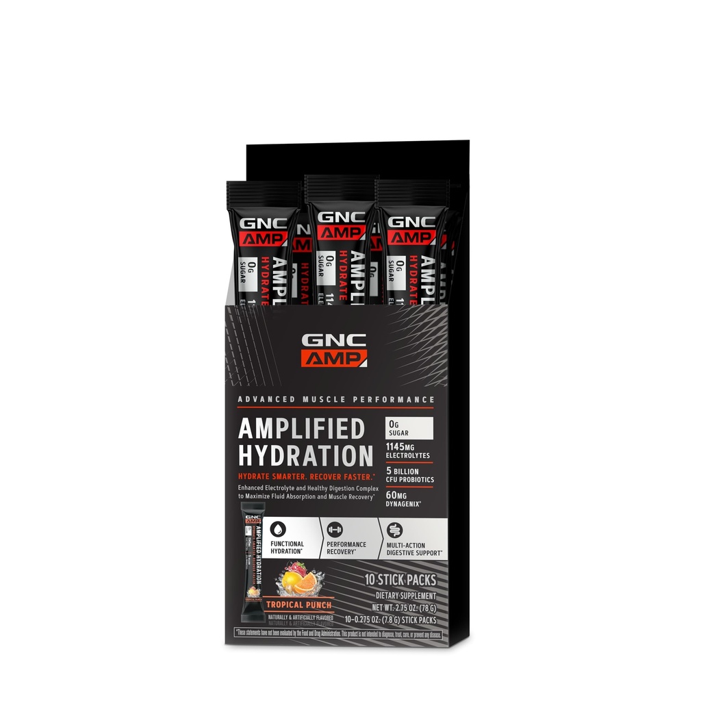 GNC AMP Amplified Hydration Electrolyte Powder Drink Mix | Enhanced Electrolyte & Healthy Digestion Complex | Punch tropicale | 10 Count