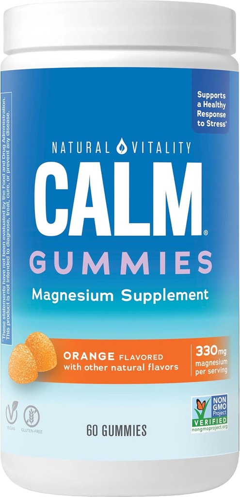 Natural Vitality CALM, Magnesium Supplement, Stress Relief Gummies, Supports a Healthy Response to Stress, Gluten Free, Vegan, Orange Flavored, 60 Gummies