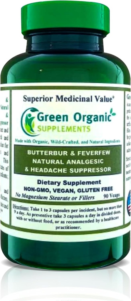 Green Organic Supplements Butterbur, Feverfew, Analgesic, Painkiller, & Headache Suppressor, 90 VCaps, High Absorbable, Non-GMO, Gluten-Free (Pack von 1)