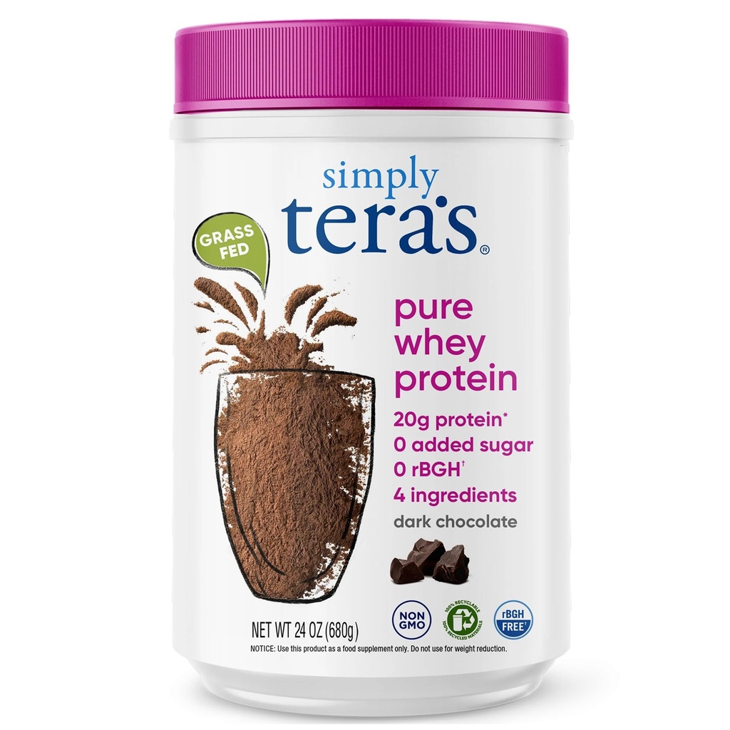 polvere di proteine del siero puro di tera - polvere di proteine pulite di cioccolato scuro, polvere di proteine del siero di erba senza dolcificanti artificiali, etichetta pulita, non OGM, Kosher, rBGH-Free - 24 Oz