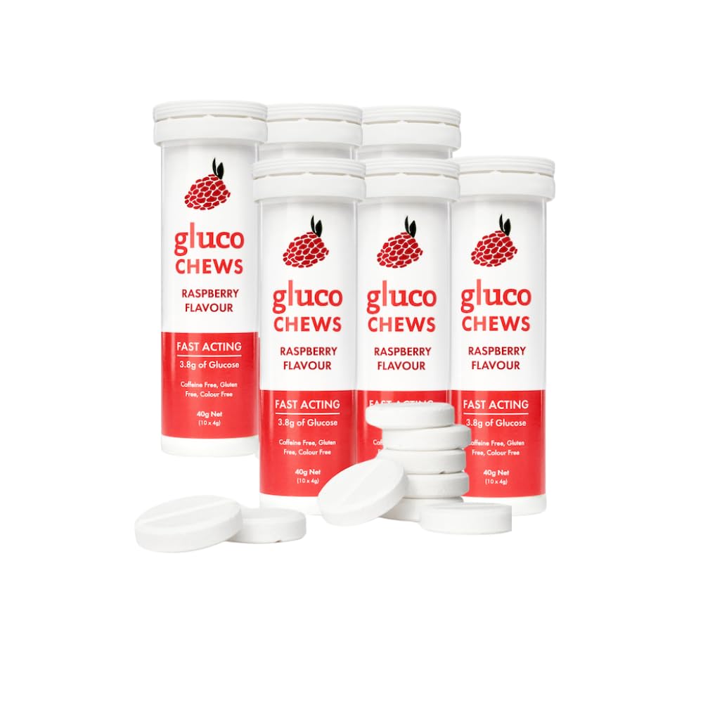 Glucochews Raspberry Glucose Comprimés – 60 Comprimés (10 par tube, 6 tubes de poche) – 3,8g Glucose à action rapide – Augmente l'énergie – Sans gluten, sans gras, sans caféine
