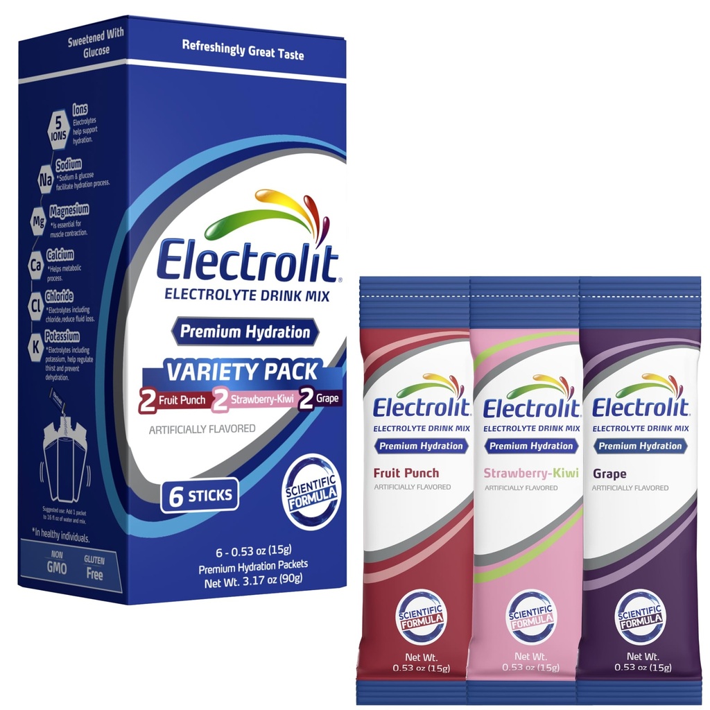 Électrolytes électrolits Powder Packets, Variété 8 Pack, Powdered Hydratation Packets pour la déshydratation et la réhydratation, après l'entraînement Aromatisé Mélange de boisson hydratante, bâtons sans gluten