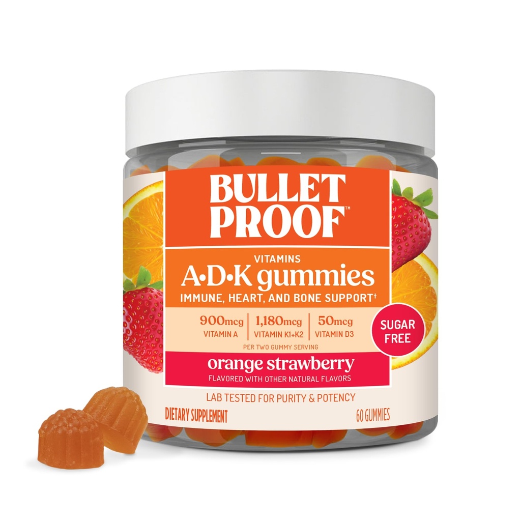 Bulletproof Sugar-Free Orange Erdbeer Vitamine A+D+K Gummie, 60 Count, Keto Ergänzung für Herz, Knochen und Immununterstützung, Neue und verbesserte Formel und Textur, Verpackung Mai Vary