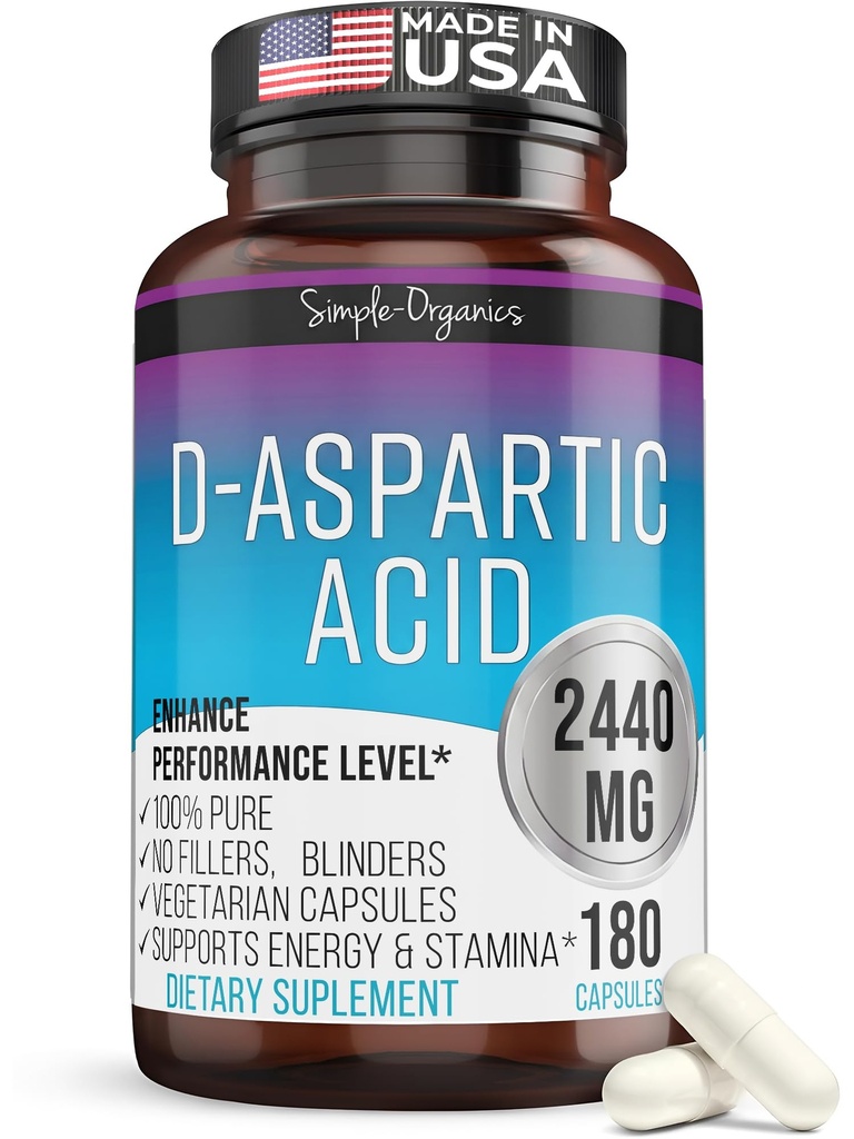 Kaibro Nutra D-Aspartic Säure Ergänzung für Männer, 2440mg D-Aspartic Säure pro Servieren, Energie & Testosteron Unterstützung, Glutenfreie Non-GMO, 180 Vegan Kapseln