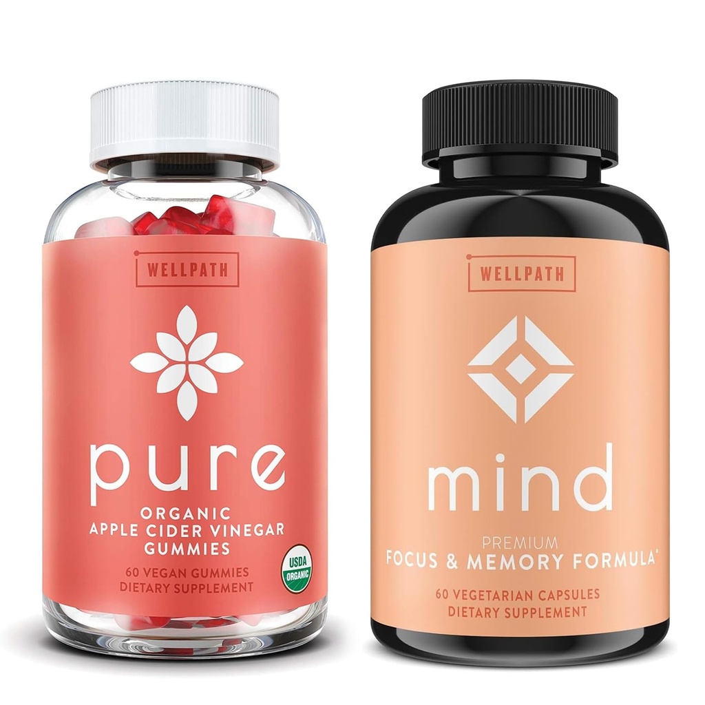 Aceto di sidro di mele puro WellPath con Madre Gummies & Mind Brain Supplemento con Lion's Mane - Supporta Focus & Memory, 60 Ct Ogni