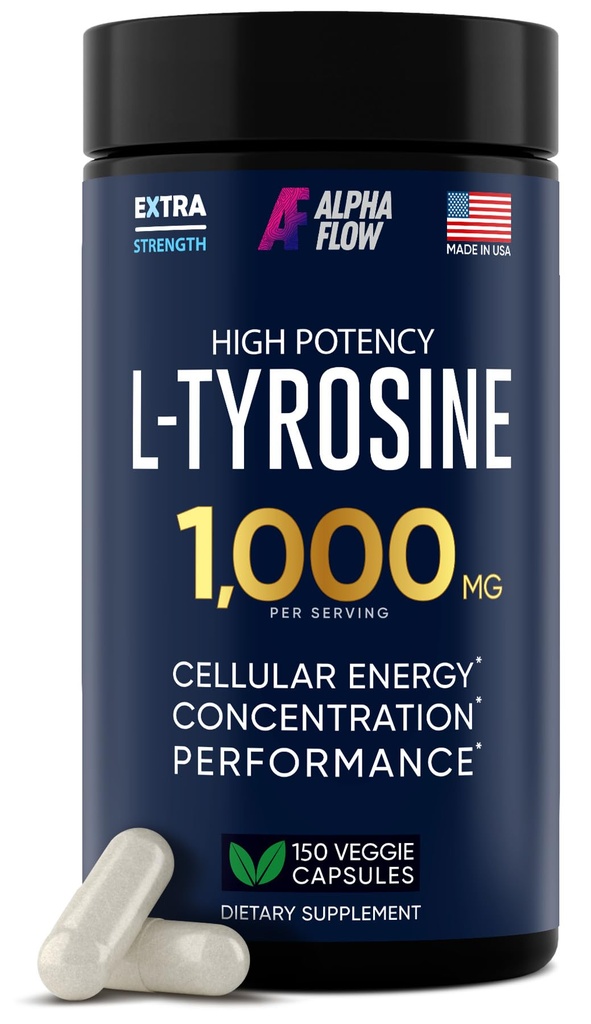 Alpha Flow L Tyrosine 1000MG Capsule - Integratore L-Tirosina All-Natural per Focus & Energy Boost - Non-GMO & Gluten-Free - Vegan 150 Caps -500mg x 2 per Serving