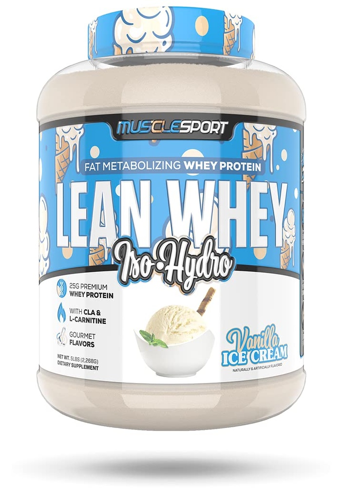 Musclesport Lean Whey RevolutionTM Poudre de protéines - Isolation de protéines de lactosérum - Faible teneur en calories, faible teneur en glucides, faible teneur en gras, colorants incredibles - 25g Protéines par scoop - Crème glacée à la vanille de 5lb