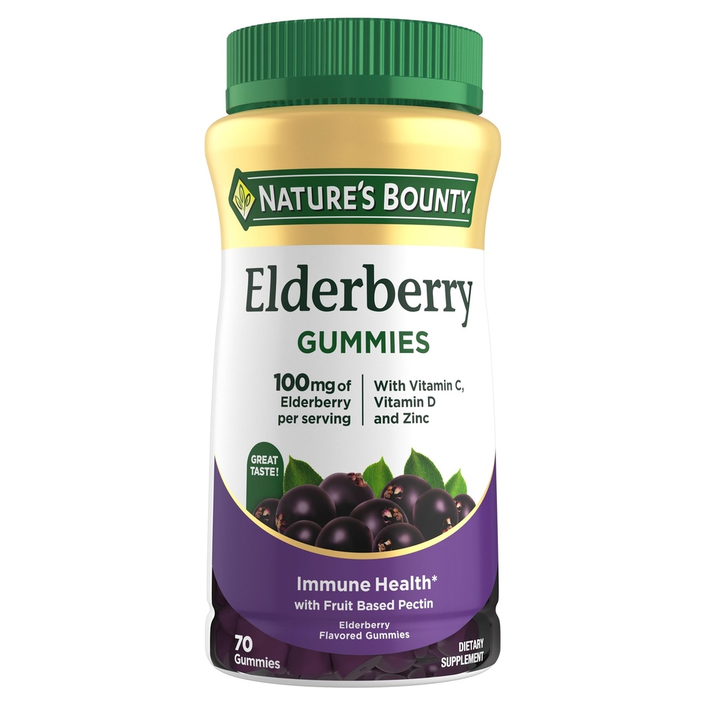Nature's Bounty Elderberry Gummies, Dietary Supplement, Supports Immune Health, Contains Vitamin A, C, D, E and Zinc, 100 mg, 70 Gummies
