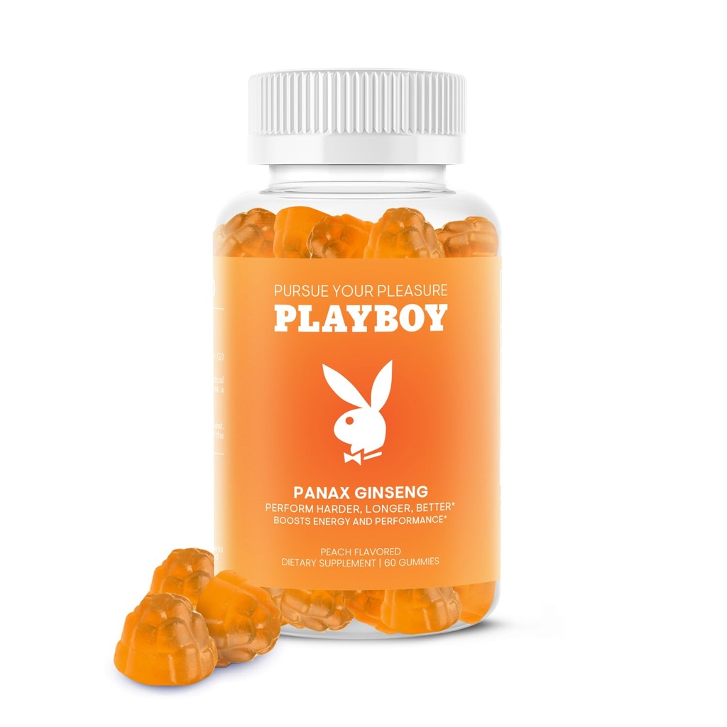 Playboy – Ginseng Gummies (60 Count - Peach Flavored) - Perform Harder, Longer, Better - Panax Ginseng Supplement Gummy für Männer und Frauen - 100% natürlich, Vegan Non GMO Ginseng Root 6:1 Extrakt