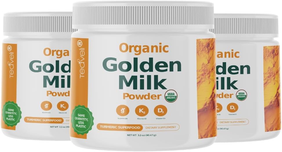 Bio-Goldene Milchpulver mit Vitaminen D3 & K2, Kurkuma, Ginger, Curcumin, Cinnamon, KSM66 Ashwagandha, Heilige Basilikum & Natürliche Präbiotika– Delicious Unsweetened Turmeric Tea Latte - 3 Pack