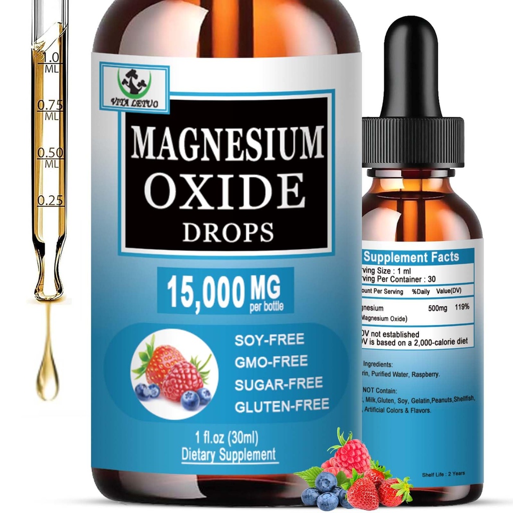 Magnesio Ossido 500mg, Integratore di Magnesio Liquido per Dormire, Neve, Salute Del Cuore, Muscolo & Stress Rilievo, Gocce Liquide di Ossido di Magnesio ad Alta Assorbimento per Adulti & Bambini, Senza Glutine, Non OGM, Vegan