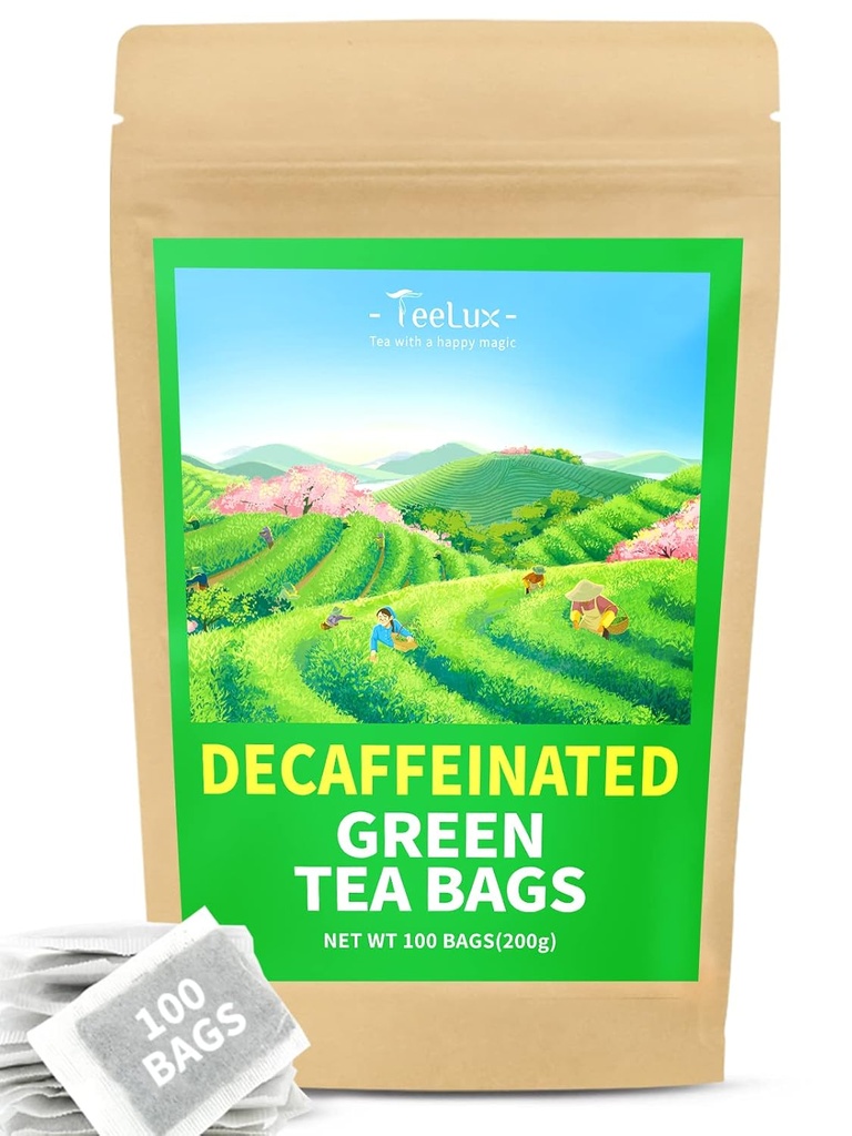TeeLux Decaf Green Tea Bags, Pure Decaféined Green Tea, Super Antioxydant, 100 Counte Tea Bags pour le thé chaud et glacé
