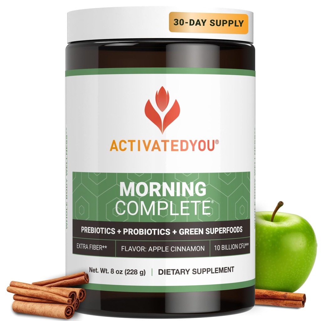 ACTIVATEDYOU Morning Complete Daily Wellness Greens Superfood Drink Mix for Gut Health w/Prebiotics, Probiotics, Antiossidanti, Superfood Verdi, 10 miliardi di CFU, 30 Serve (Apple Cinnamon)