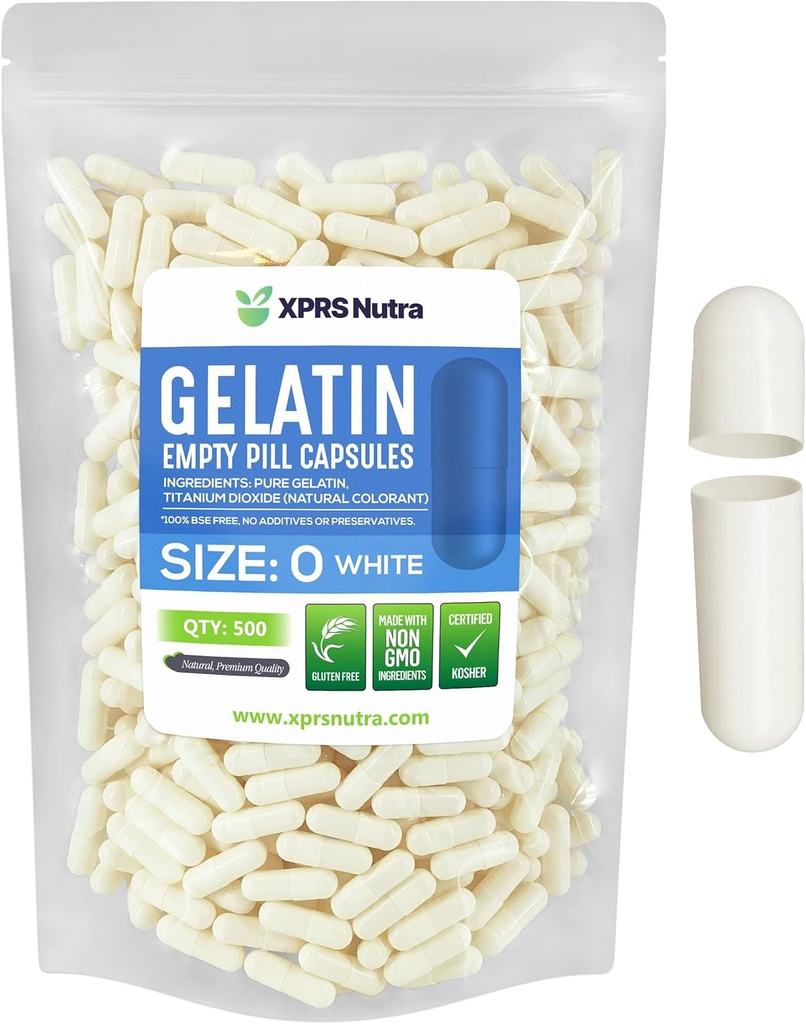 XPRS Nutra Größe 0 Leere Kapseln - 500 Graf Leere Gelatine Kapseln - Pillen DIY Kapsel Füllung - Pure Bovine Pill Gel Kapseln für Do-It-Yourself Ergänzungen (Weiß)